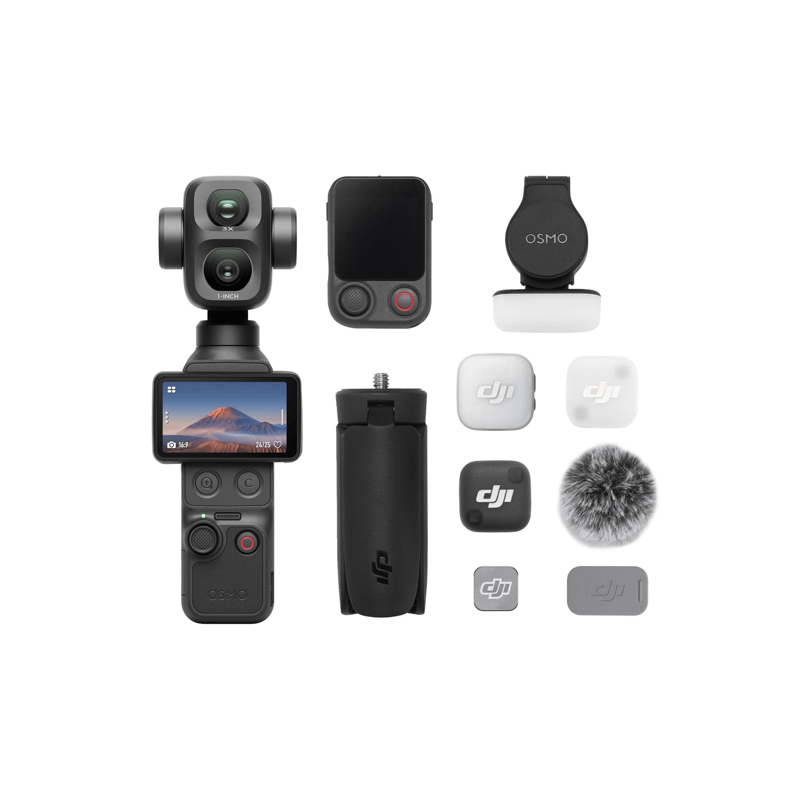 DJI Osmo Pocket 4P Vlog Combo camera and main accessories on white