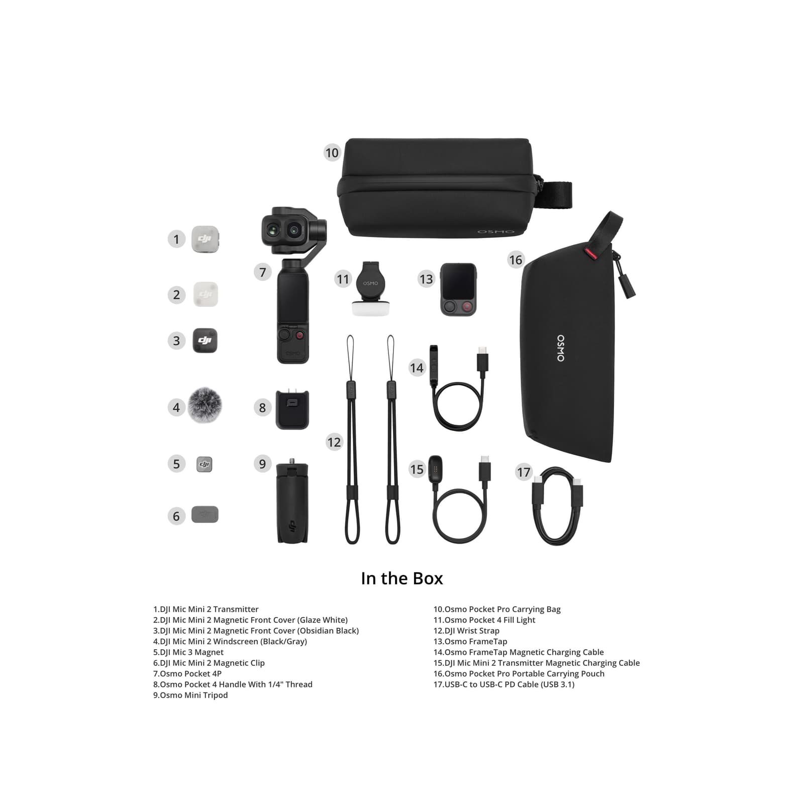 DJI Osmo Pocket 4P Vlog Combo annotated box contents on white